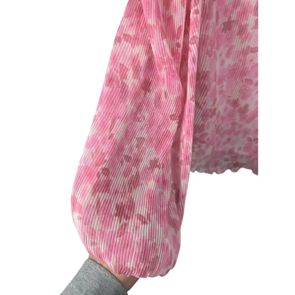 GANNI Pleated Pink Floral Blouse Balloon Sleeve Size 36 Romantic Scandi Style - Picture 5 of 11